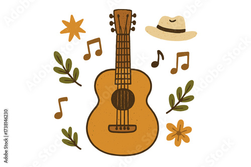 Country music vector illustration set. Acoustic guitar, cowboy hat, musical notes for festival banner or poster. Hand drawn folk art concept. Western doodle cartoon graphic.