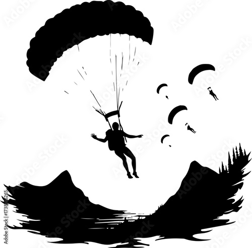 Parachutist Skydiver Landing Over Mountain Landscape Silhouette