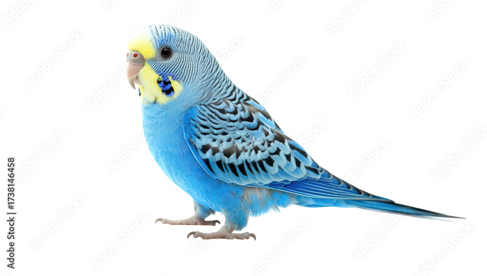 Fototapeta premium Budgerigar isolated on transparent background standing, showcasing its vibrant blue and yellow plumage, a popular pet known for its cheerful disposition