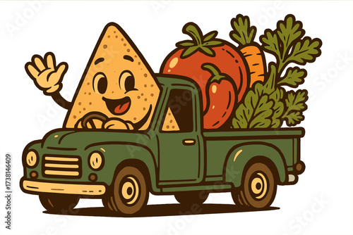 Cute retro nacho character in pickup with fresh vegetables for cooking salsa sauce. Vector vintage mascot illustration design for Mexican food delivery, restaurant logo or menu.