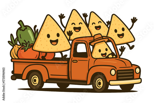Funny nacho characters in a retro pickup truck delivering fresh vegetables for salsa. A cute Mexican food mascot concept for snacks. Vector cartoon illustration isolated.