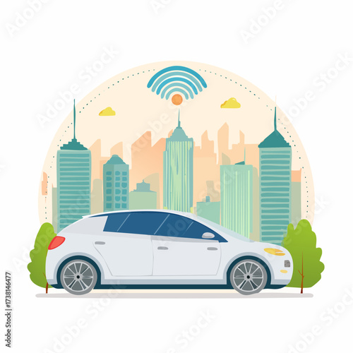 Concept illustration of a connected smart car in an advanced urban landscape, highlighting innovative automotive technology and intelligent city infrastructure