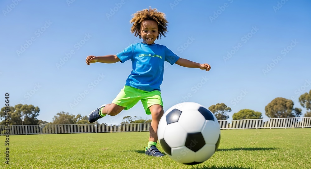 Fototapeta premium Happy Young Boy Kicking Soccer Ball on Green Field Under Blue Sky Enjoying Outdoor Activity