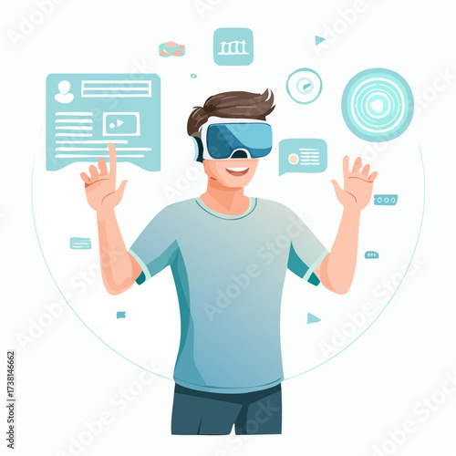 Immersive Virtual Reality Experience Man Interacting with Digital Interface in a Futuristic Environment