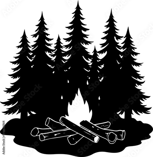Campfire and Pine Forest Silhouette Vector