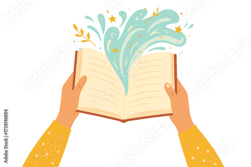 Woman hands holding an open book with magic and imagination flowing out. Love reading concept for literature fans. Metaphor for learning, knowledge, education, and storytelling.