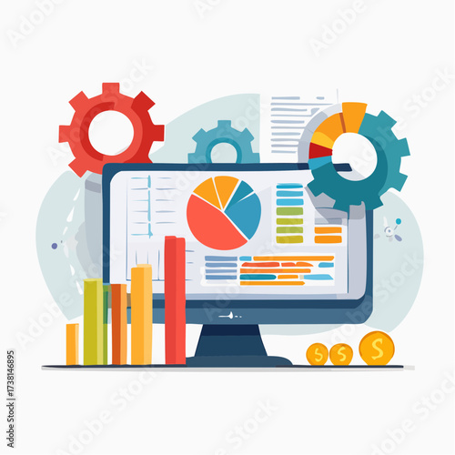 Business analytics concept with a computer monitor displaying data dashboards, charts, and graphs for financial reporting and market research