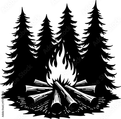 Campfire and Pine Forest Silhouette Vector