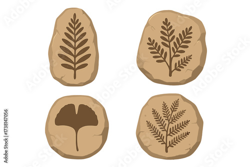 Set of fossil leaf imprints. Vector icons of prehistoric flora, including fern and ginkgo. Archeology and paleontology concept. Ancient plant evolution illustration for museum.