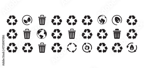 Collection of recycling symbols, trash cans, and earth icons representing environmental conservation and sustainability.