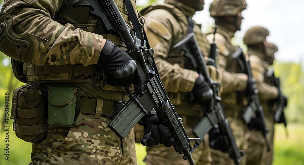 Fototapeta premium Elite military special forces soldiers in tactical gear holding rifles ready for action on a mission