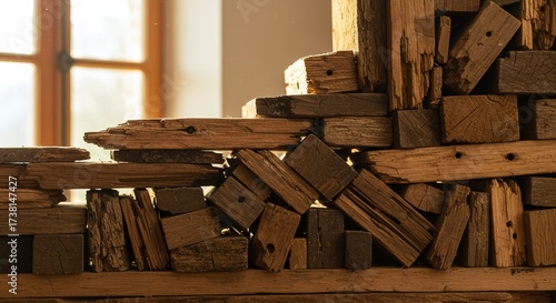 A dense stack of reclaimed wood blocks and planks are collected as material for recycling or upcycling. Concept of wood waste recycling and reuse.