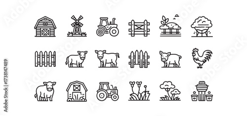Charming line art icons depict a delightful farm scene with animals, buildings, and equipment.