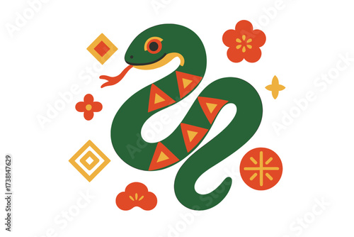 Happy Chinese New Year 2026 Year of the Snake greeting card. Geometric green snake, lunar calendar zodiac animal. Minimalistic modern vector illustration for holiday celebration.