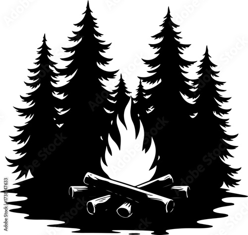 Campfire and Pine Forest Silhouette Vector