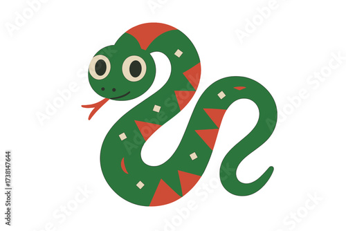 Cute snake character for Chinese New Year 2026. Year of the Snake zodiac animal. Geometric, modern vector design concept for lunar new year greeting card. Green reptile cartoon.