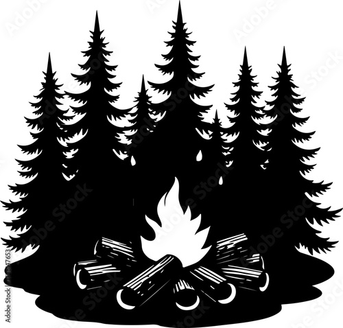 Campfire and Pine Forest Silhouette Vector