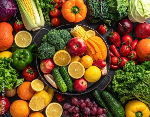 Overhead View of Colorful Fresh Fruits and Vegetables on Dark Surface with Greens and Yellows Centered on Plate Displaying Variety and Nutrition