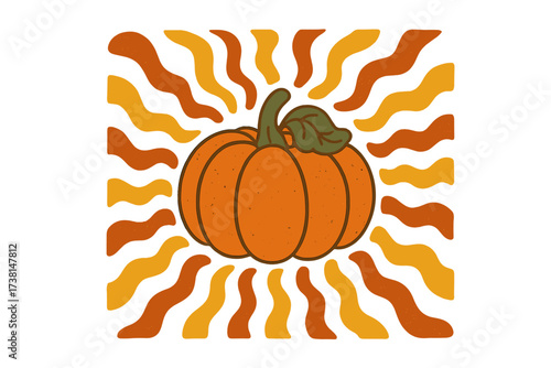 Retro 70s groovy autumn pumpkin illustration. Hand drawn fall vegetable with psychedelic wavy rays. Nostalgic hippie design for Thanksgiving or Halloween greeting card.