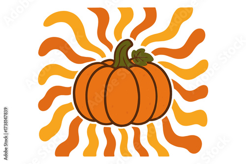 Groovy autumn pumpkin illustration. Retro 70s psychedelic fall art. Nostalgic hippie design for Thanksgiving greeting card. Hand drawn cute vegetable with wavy rays vector.
