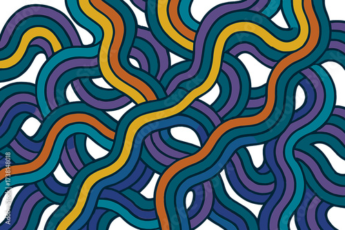 Groovy intertwined psychedelic geometric background. Vintage wavy lines bound in a retro 70s pattern. Abstract vector illustration of tangled, flowing, colorful curves.