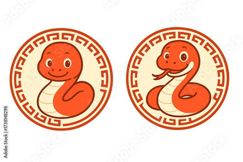 Happy Chinese New Year 2026. Year of the Snake. Cute cartoon zodiac animal character. Traditional asian lunar holiday symbol. Vector illustration emblem, icon, sticker set.