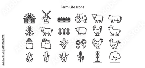 Charming collection of farm life icons featuring animals, crops, and equipment