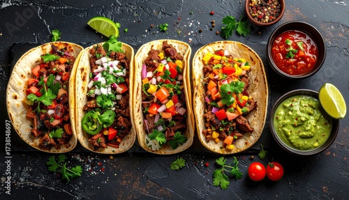 Overhead View of Four Tacos with Meat and Vegetable Toppings on Dark Textured Surface with Salsa and Guacamole Condiments