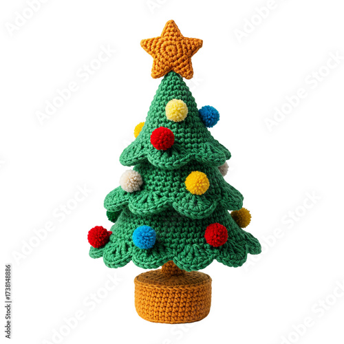 Handmade crochet christmas tree decoration with ornaments and star topper festive craft isolated on transparent background
