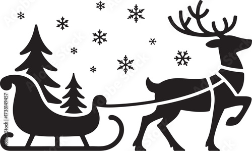 Silhouette of a reindeer pulling a sleigh with Christmas trees and snowflakes Keywords: Christmas, reindeer, sleigh, Santa, winter, snow, snowflakes, trees, pine trees, festive, holiday, season