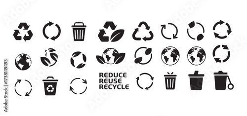 Collection of environmental icons representing recycling, sustainability, and waste management for a greener planet.