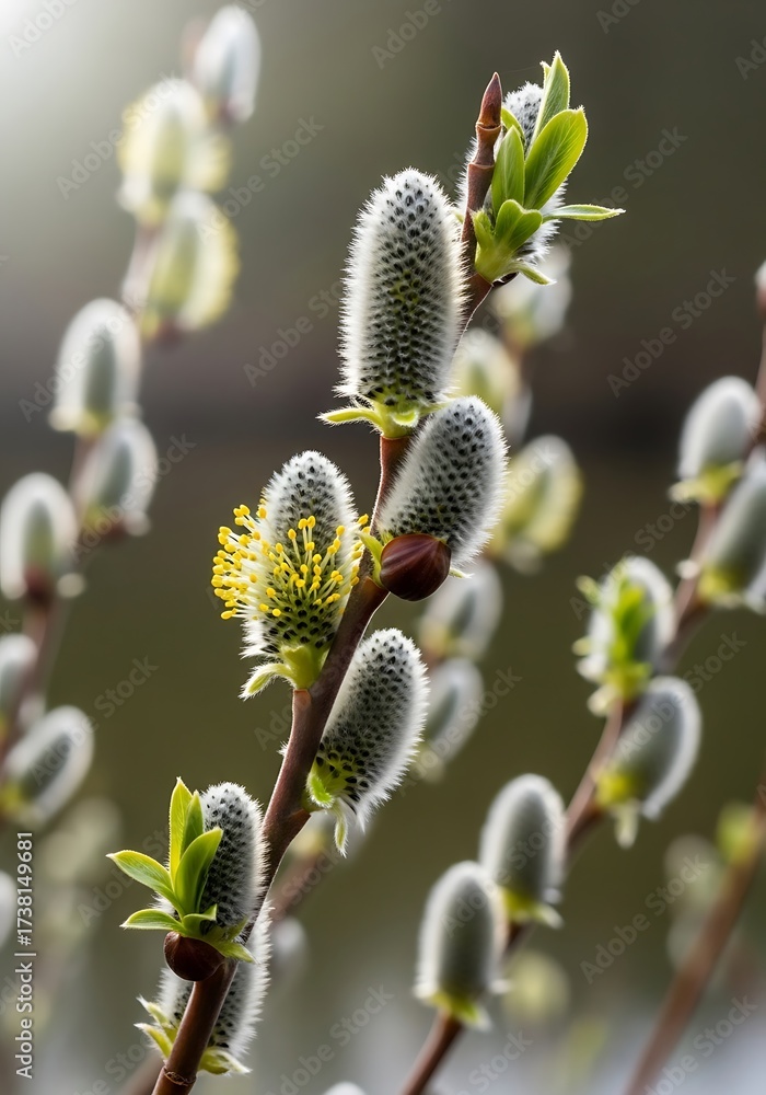 Fototapeta premium Delicate willow catkins herald the arrival of springtime with soft textures and subtle floral details against a blurry