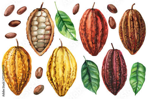 Cacao fruit set watercolor illustration cocoa pods beans leaves tropical exotic chocolate ingredient organic food art
