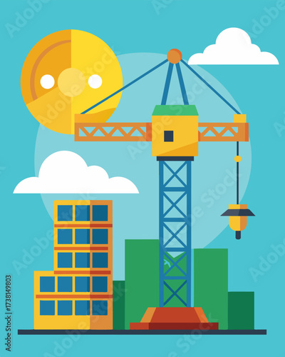 An imposing crane towering over the site its boom adorned with solar panels lifting building materials with ease.. Vector illustration