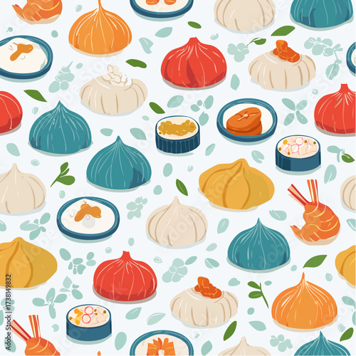Seamless Pattern of Dumplings and Sushi on Light Blue Background