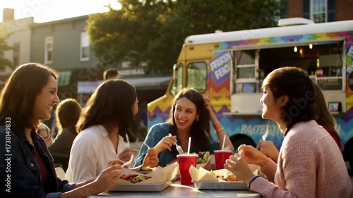 Group of women enjoying a meal together outdoors by a food truck.