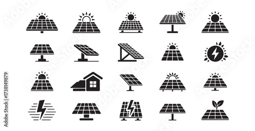 Collection of solar panel icons representing renewable energy and sustainable power generation.