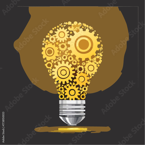 Creative innovation A conceptual illustration of an illuminated lightbulb formed with gears signifying ideas and solutions