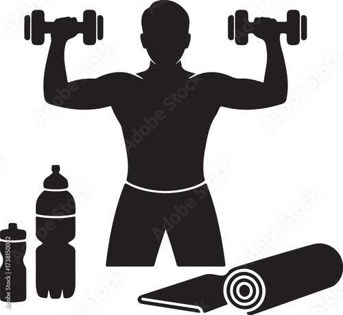 Silhouette of a man lifting dumbbells with fitness accessories Keywords: fitness, man, silhouette, dumbbells, weights, exercise, workout, gym, training, strength, muscle, healthy, lifestyle, sport