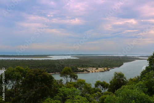 Aerial view at the region around Lakes Entrance a fishing town and holiday resort in Victoria, Australia
