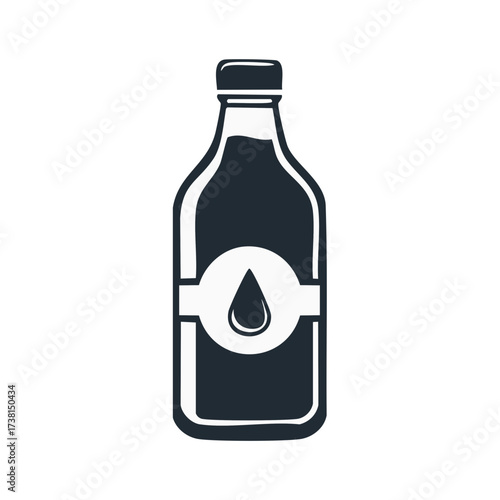 Dark Oil Bottle with Label and Drop, Black and White Graphic Symbol
