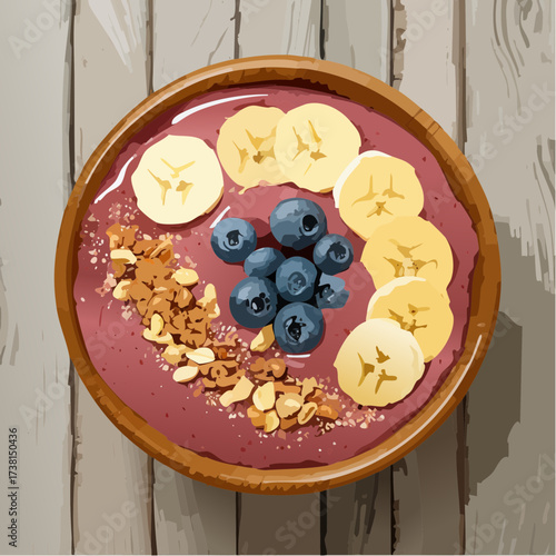 Top-down view of a delicious and nutritious berry smoothie bowl with banana slices, blueberries, and granola, a perfect choice for a healthy breakfast meal
