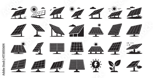 Diverse collection of solar panel icons representing renewable energy solutions
