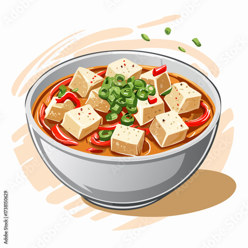 A savory bowl of spicy Asian tofu soup garnished with fresh green scallions and red chili peppers, depicted in a vibrant illustration style