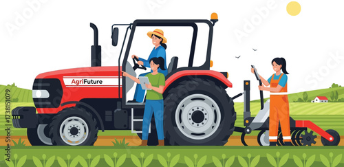 Modern women farmers working together with tractor on sunny agricultural farm