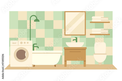 Vector illustration of a modern bathroom interior. Clean room with bathtub, shower, sink, toilet and washing machine. Home furniture and laundry appliances in flat design.