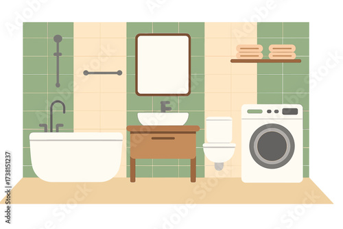 Modern bathroom interior design. Flat vector illustration of a restroom with furniture. Bathtub, shower, sink, toilet, and washing machine. Household hygiene concept.