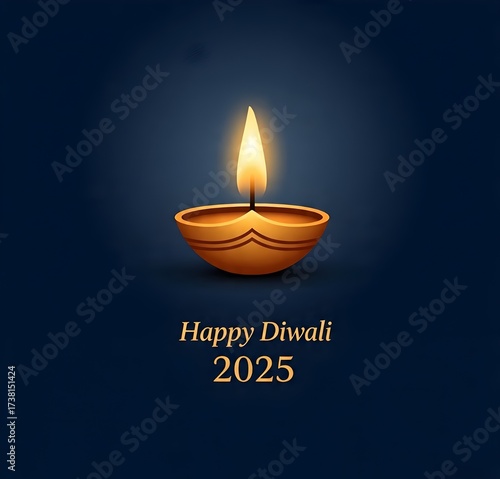 Glowing diya with warm light on dark background celebrating Happy Diwali 2025.
