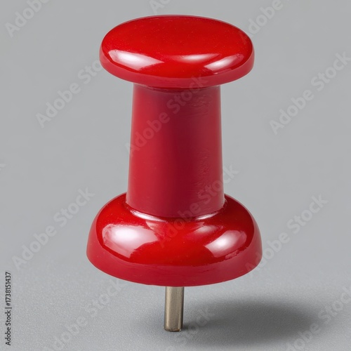 Bright red push pin with metal point on a gray background