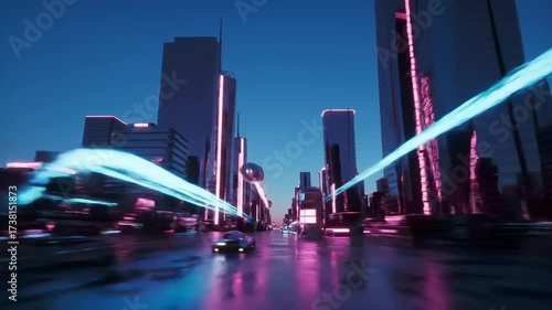 Futuristic metropolis nightscape with illuminated structures and flying vehicles